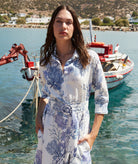 Evi Grintela | White blue printed linen Valerie belted long shirt dress