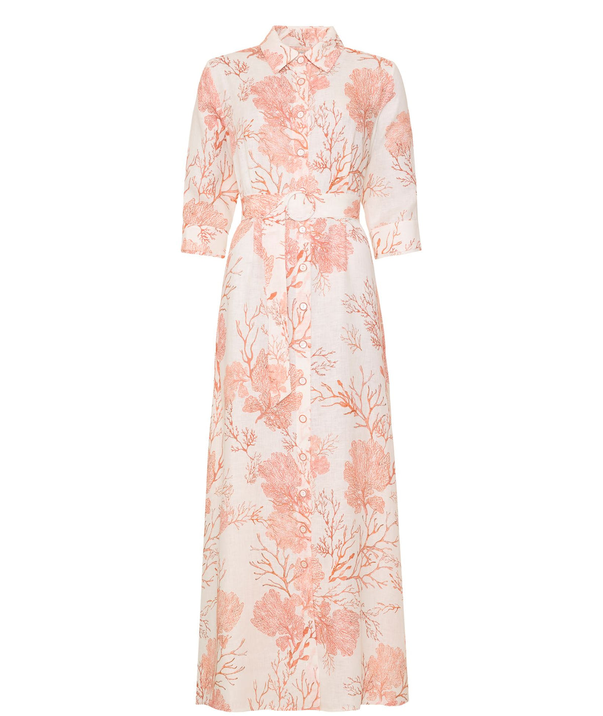 Evi Grintela | Orange white printed linen Valerie belted long shirt dress