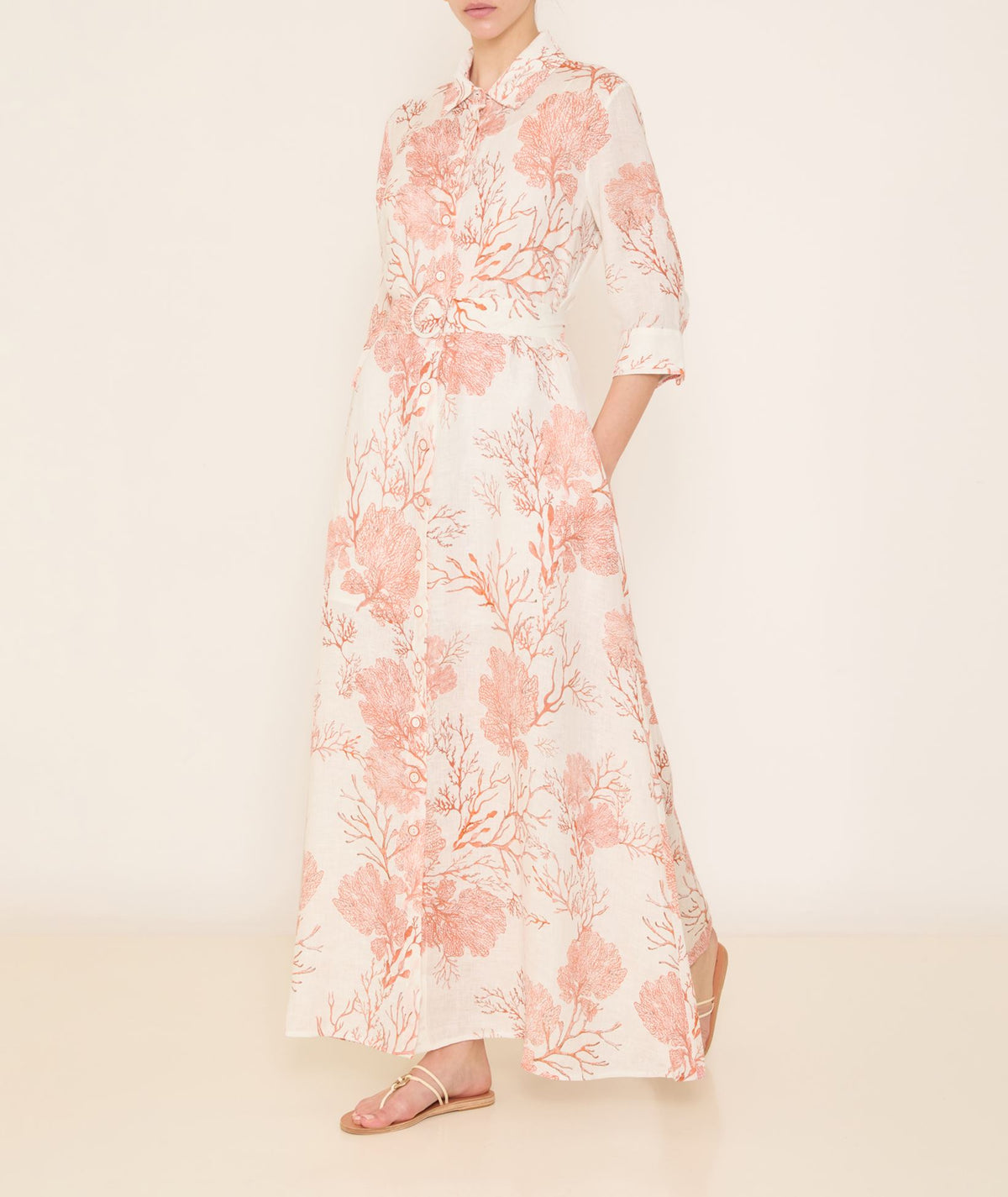 Evi Grintela | Orange white printed linen Valerie belted long shirt dress