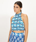 The Artians | Blue white printed Savati halter cropped top