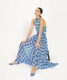 The Artians | Blue white printed Savati halter cropped top