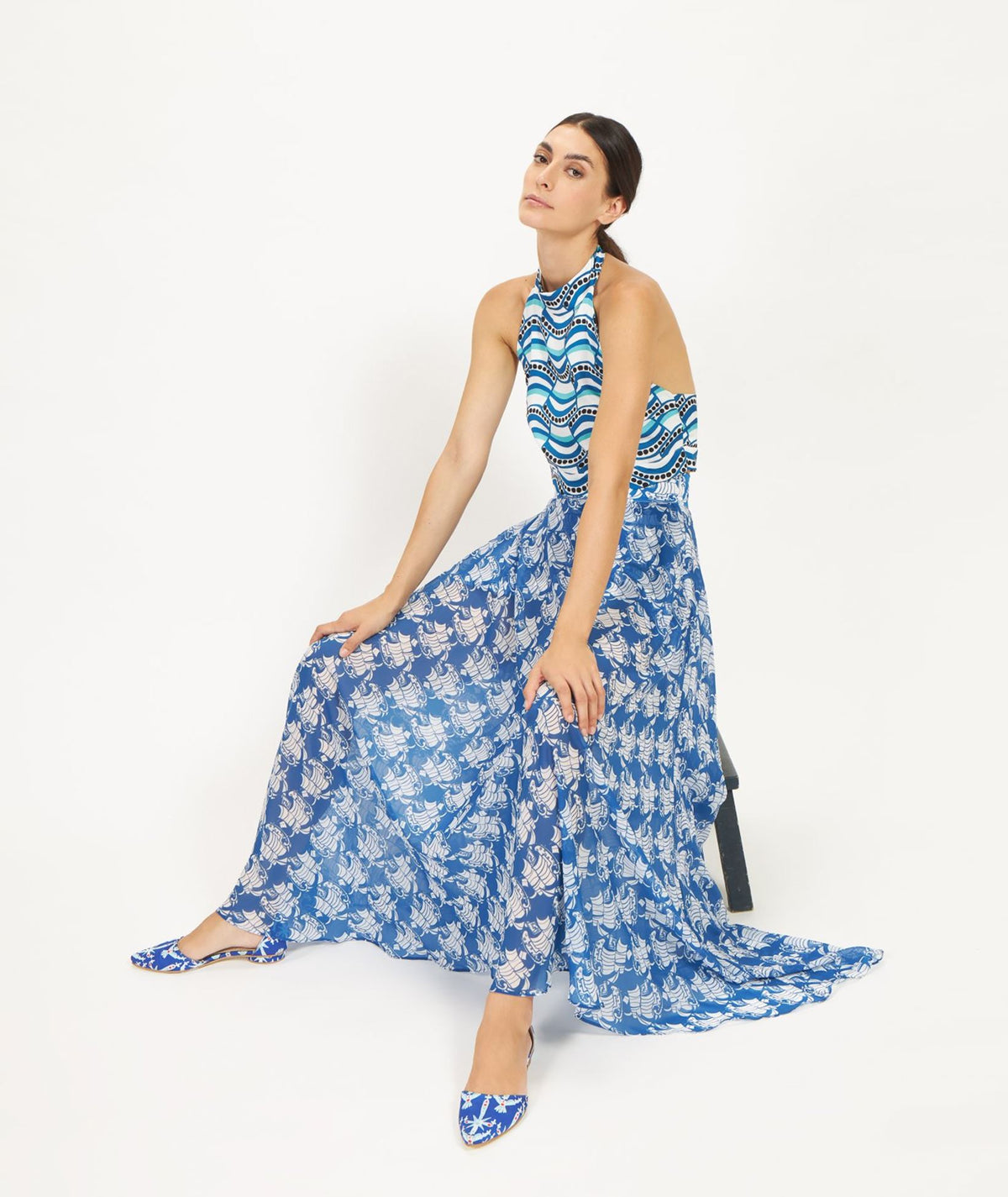 The Artians | Blue white printed Savati halter cropped top