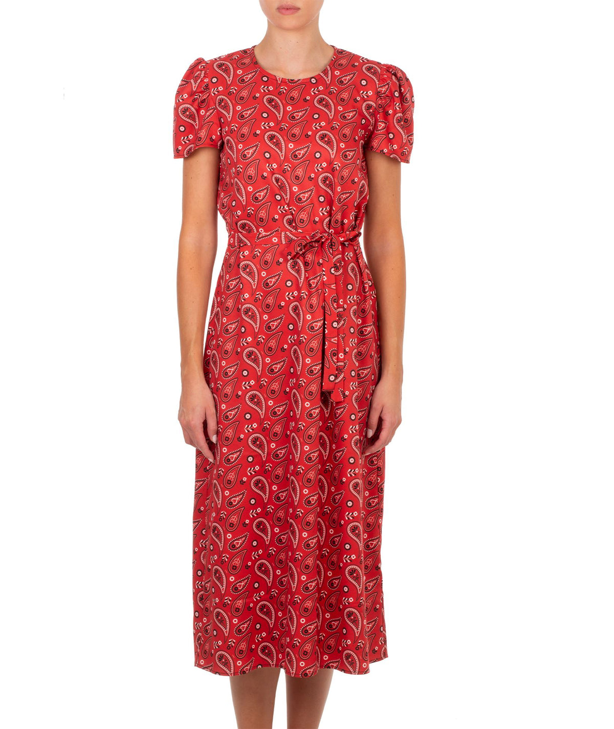 Emmanuela Swimwear | Red printed Ciara belted midi dress