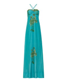Cristina Beautiful Life | Petrol floral silk halter Als maxi dress