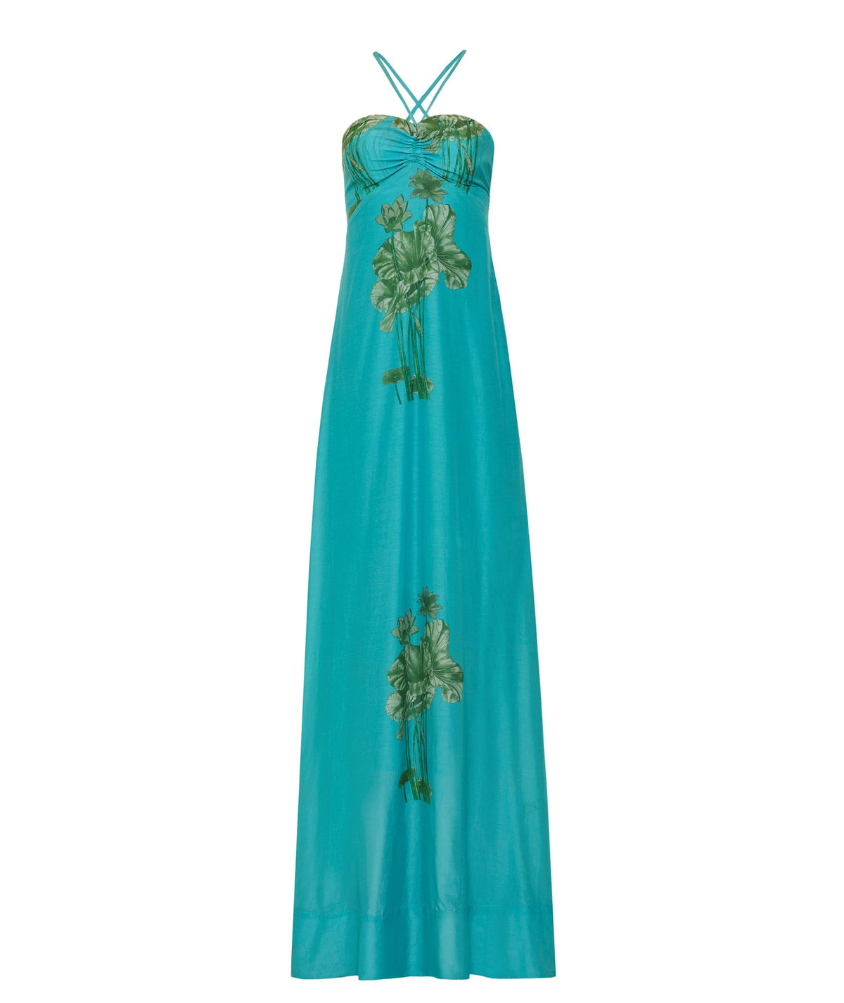 Cristina Beautiful Life | Petrol floral silk halter Als maxi dress