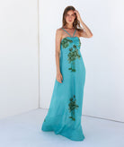 Cristina Beautiful Life | Petrol floral silk halter Als maxi dress