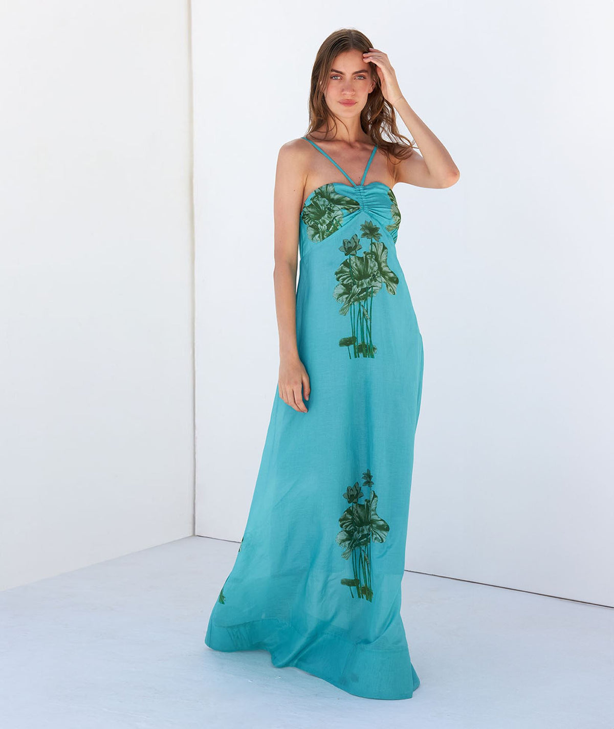 Cristina Beautiful Life | Petrol floral silk halter Als maxi dress