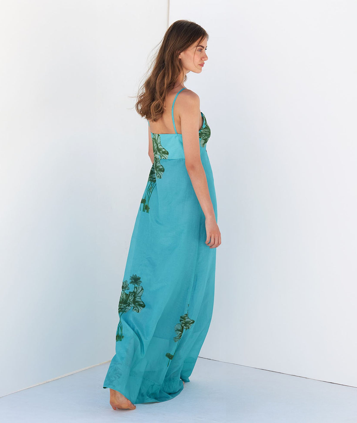 Cristina Beautiful Life | Petrol floral silk halter Als maxi dress