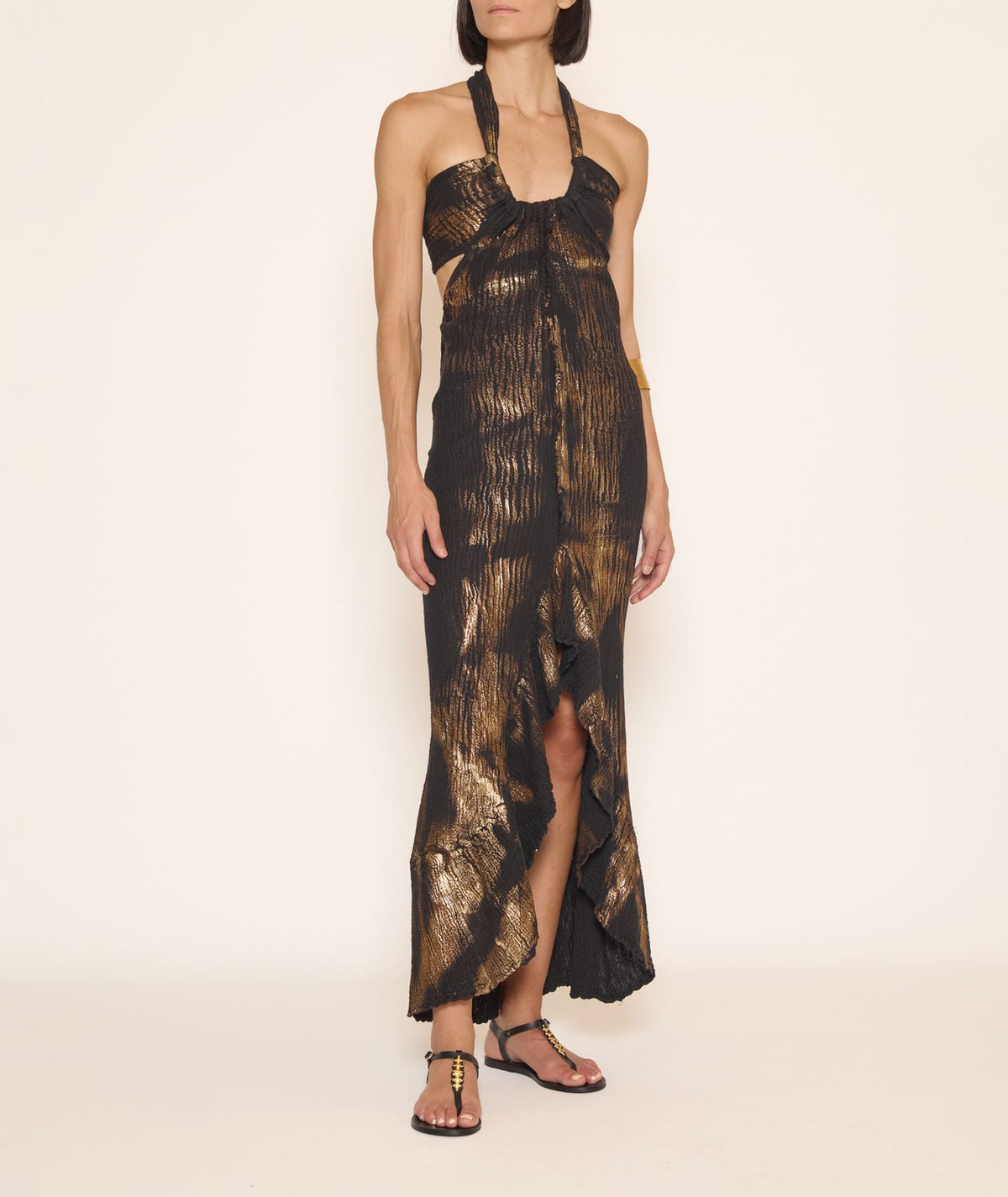 Zoya | Black linen gauze halter maxi dress with gold foil