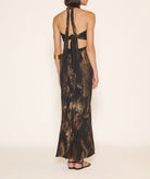 Zoya | Black linen gauze halter maxi dress with gold foil
