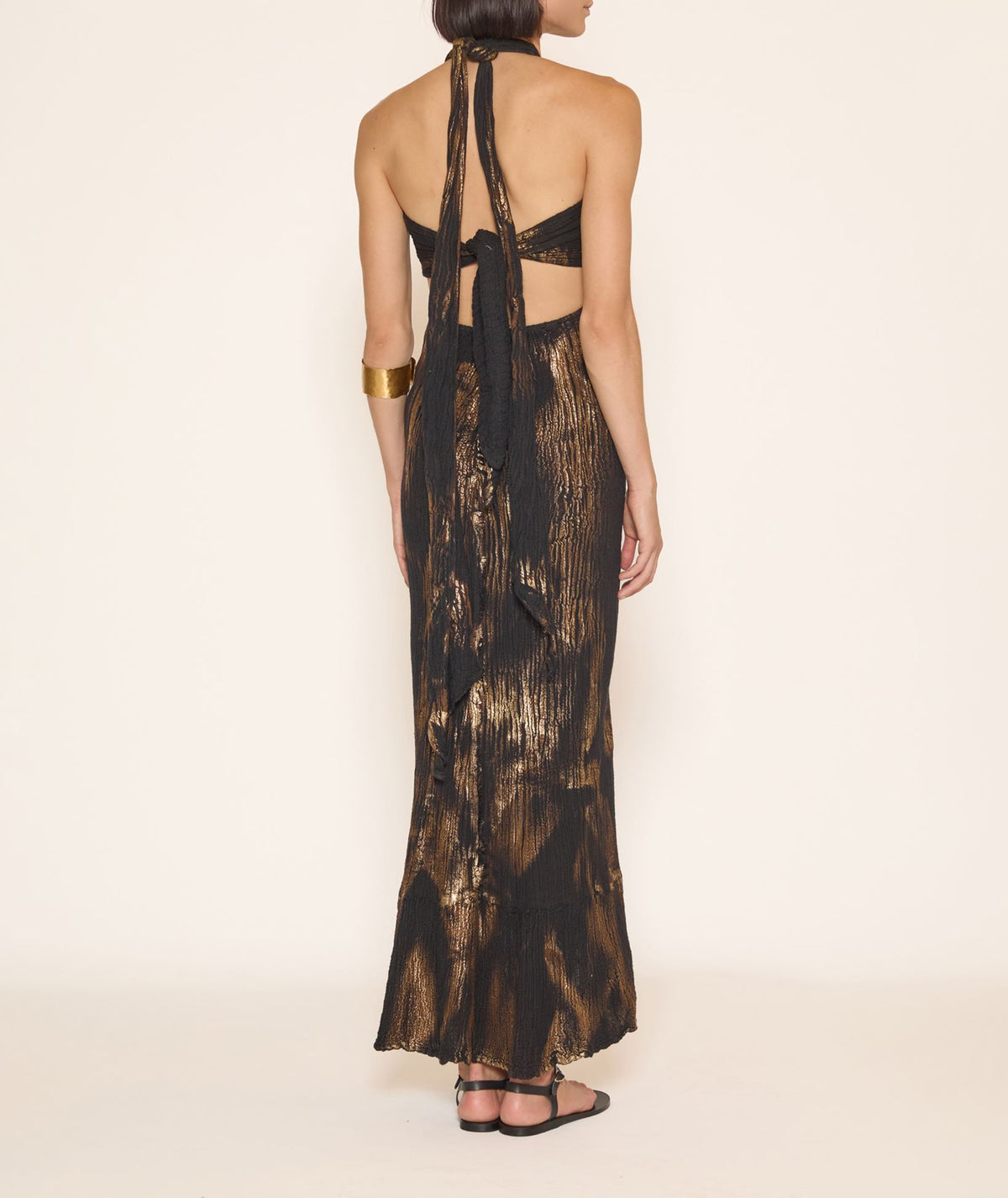 Zoya | Black linen gauze halter maxi dress with gold foil