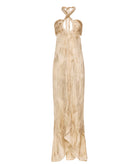 Zoya | Ecru linen gauze halter maxi dress with gold foil