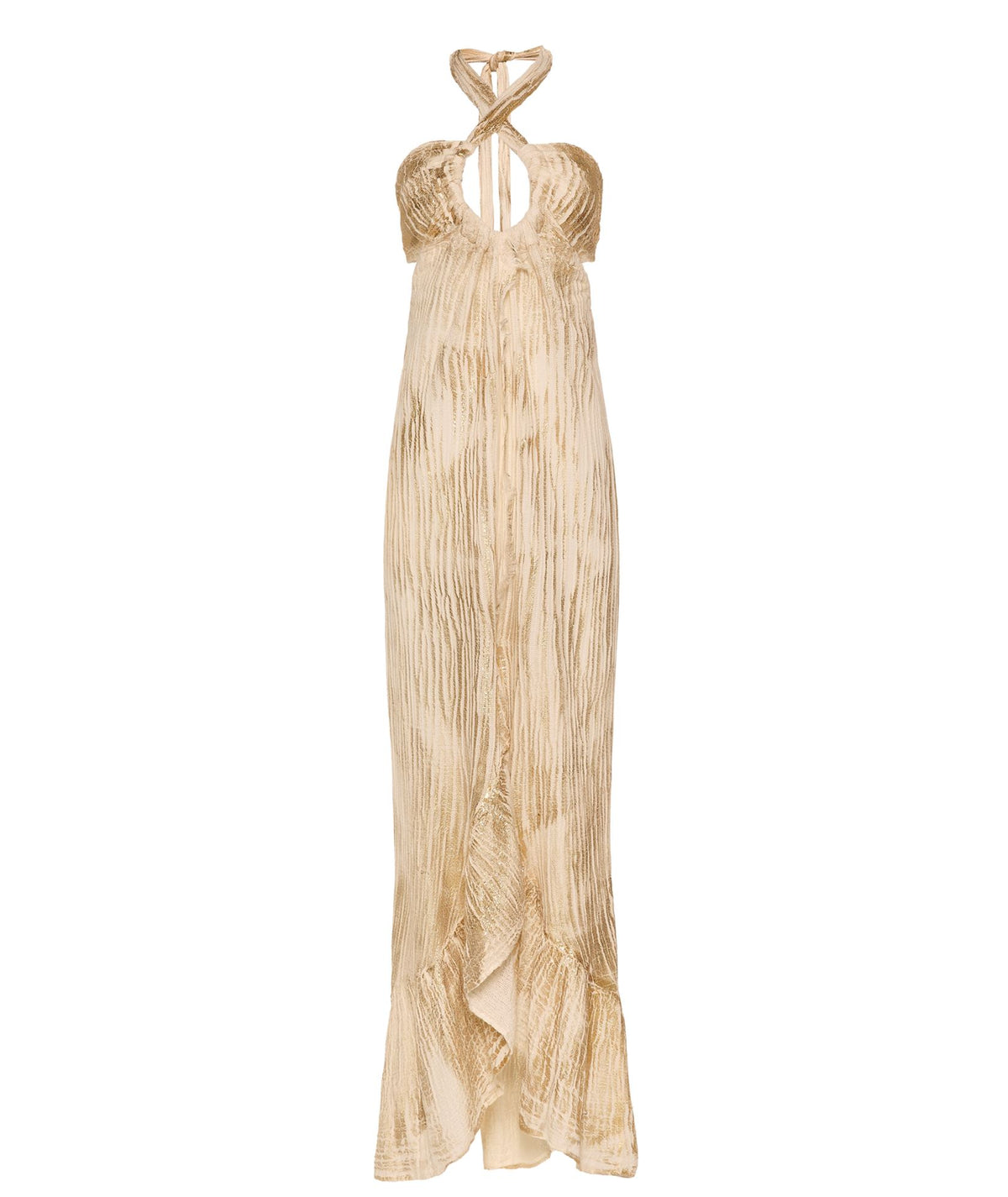 Zoya | Ecru linen gauze halter maxi dress with gold foil
