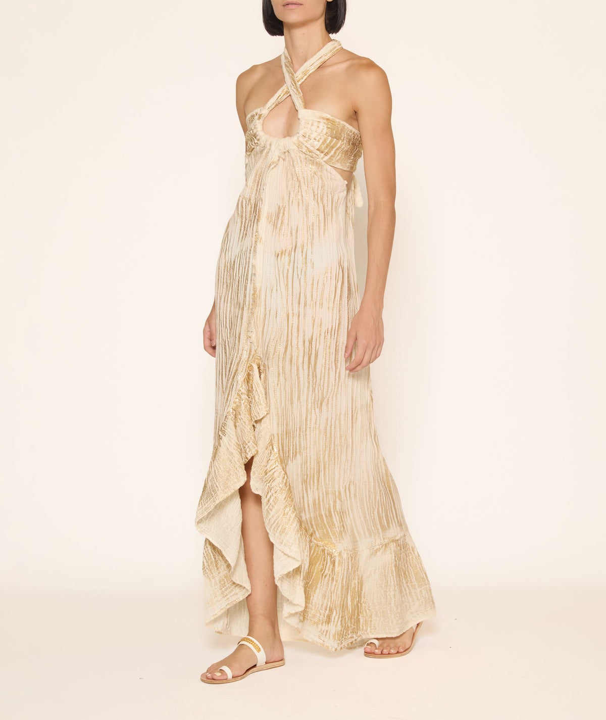 Zoya | Ecru linen gauze halter maxi dress with gold foil