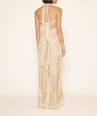 Zoya | Ecru linen gauze halter maxi dress with gold foil