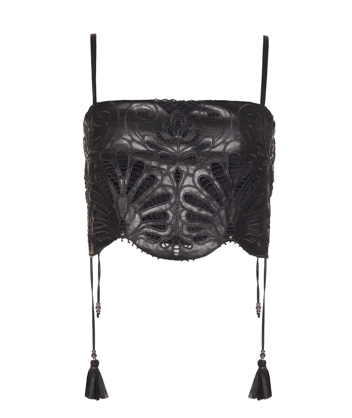 Lace | Black faux leather embroidered Naxos crop top