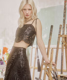 Lace | Black faux leather embroidered Naxos crop top