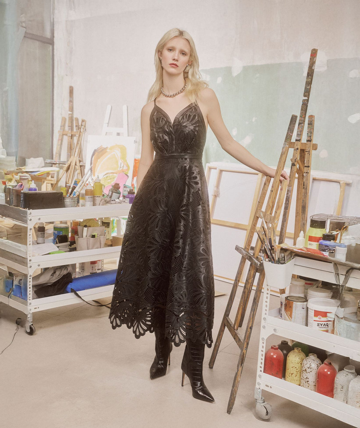 Lace | Black faux leather embroidered Ianthe maxi dress