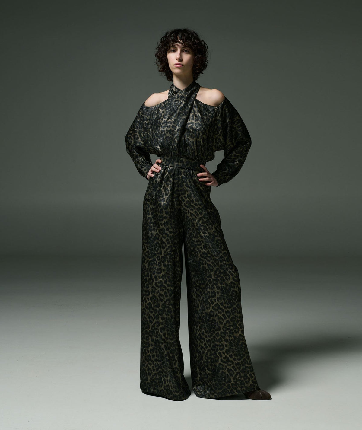 Stelios Koudounaris | Black animal print crossneck jumpsuit