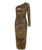 Zoya | Gold metallic draped one shoulder midi dress