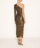 Zoya | Gold metallic draped one shoulder midi dress