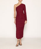 Zoya | Bordeaux sparkle draped one shoulder midi dress