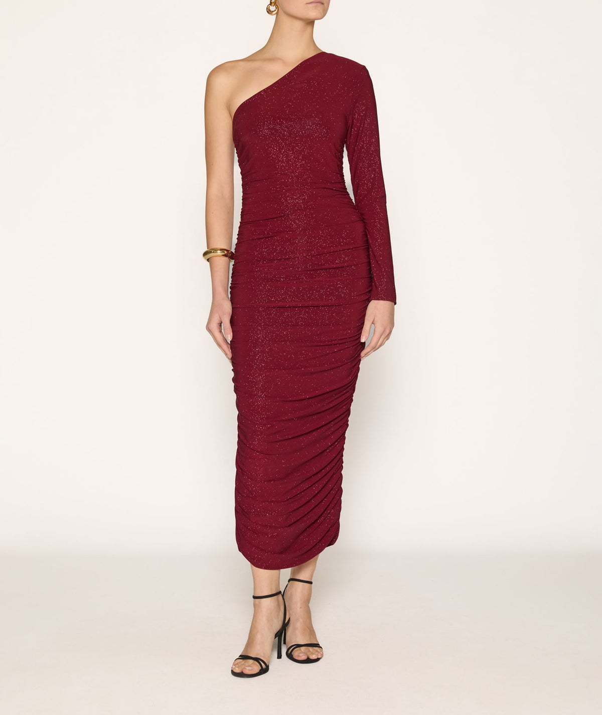 Zoya | Bordeaux sparkle draped one shoulder midi dress