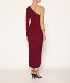 Zoya | Bordeaux sparkle draped one shoulder midi dress