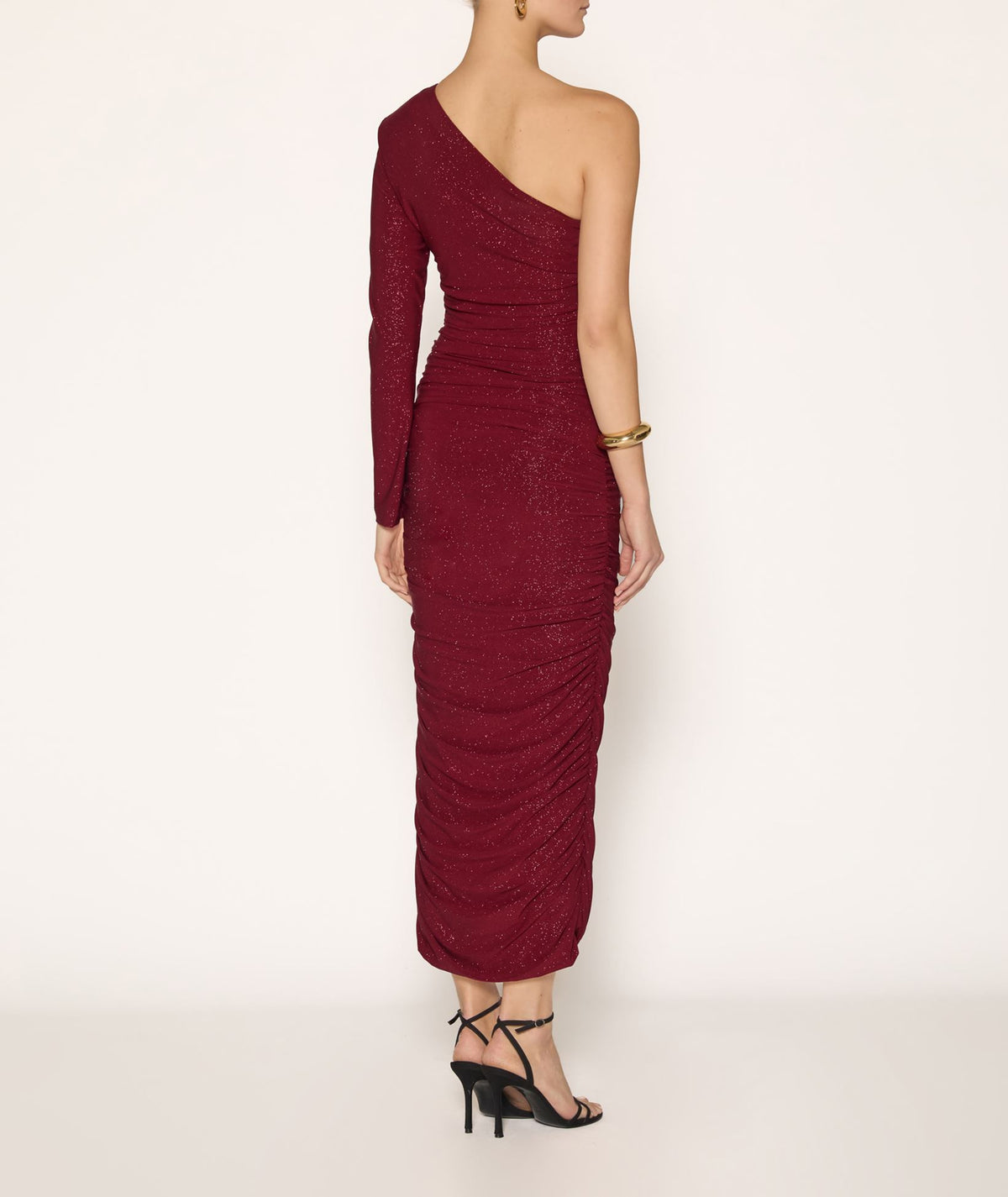 Zoya | Bordeaux sparkle draped one shoulder midi dress