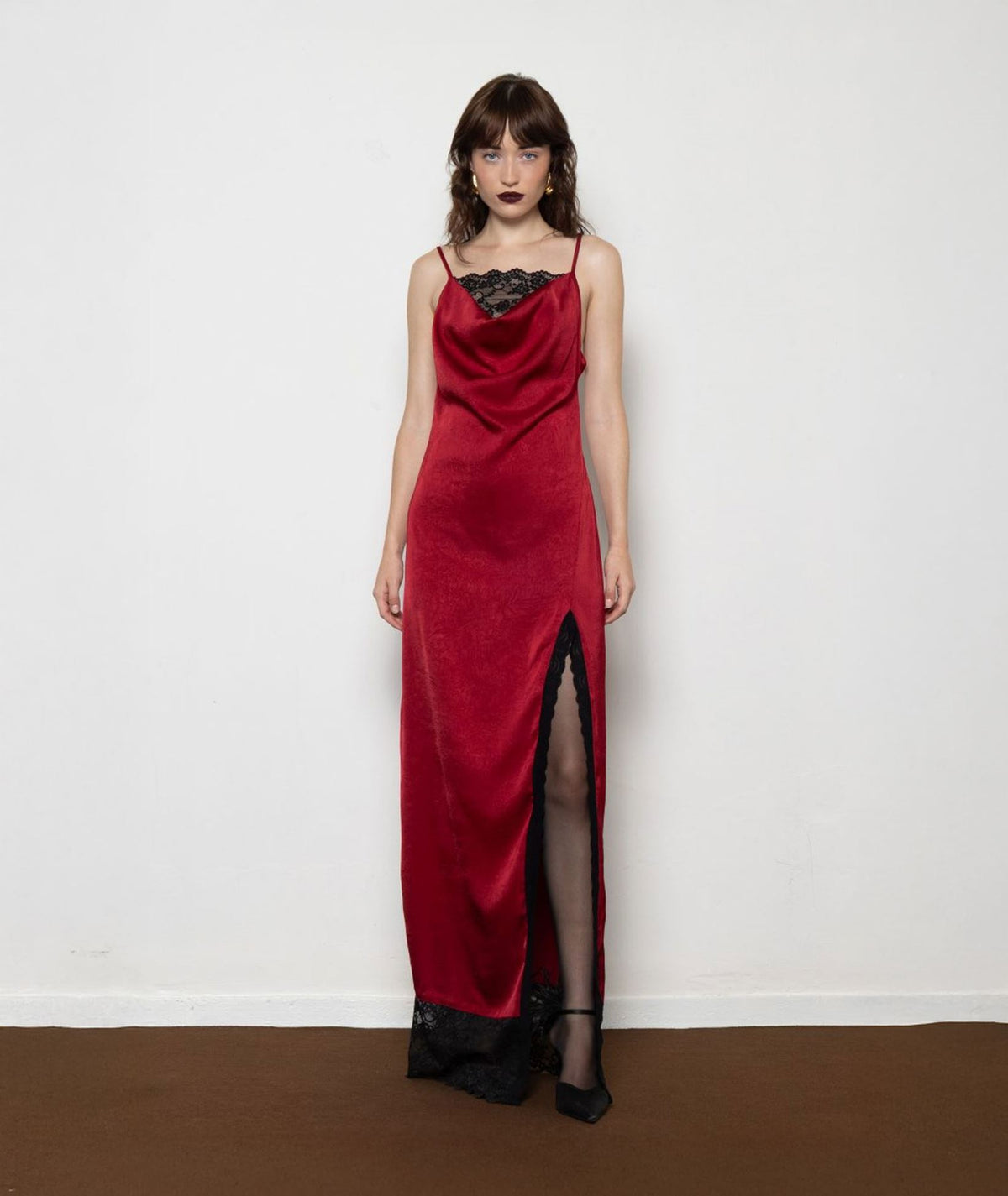 Mallory The Label | Bordeaux satin lace detail Ruby maxi slip dress