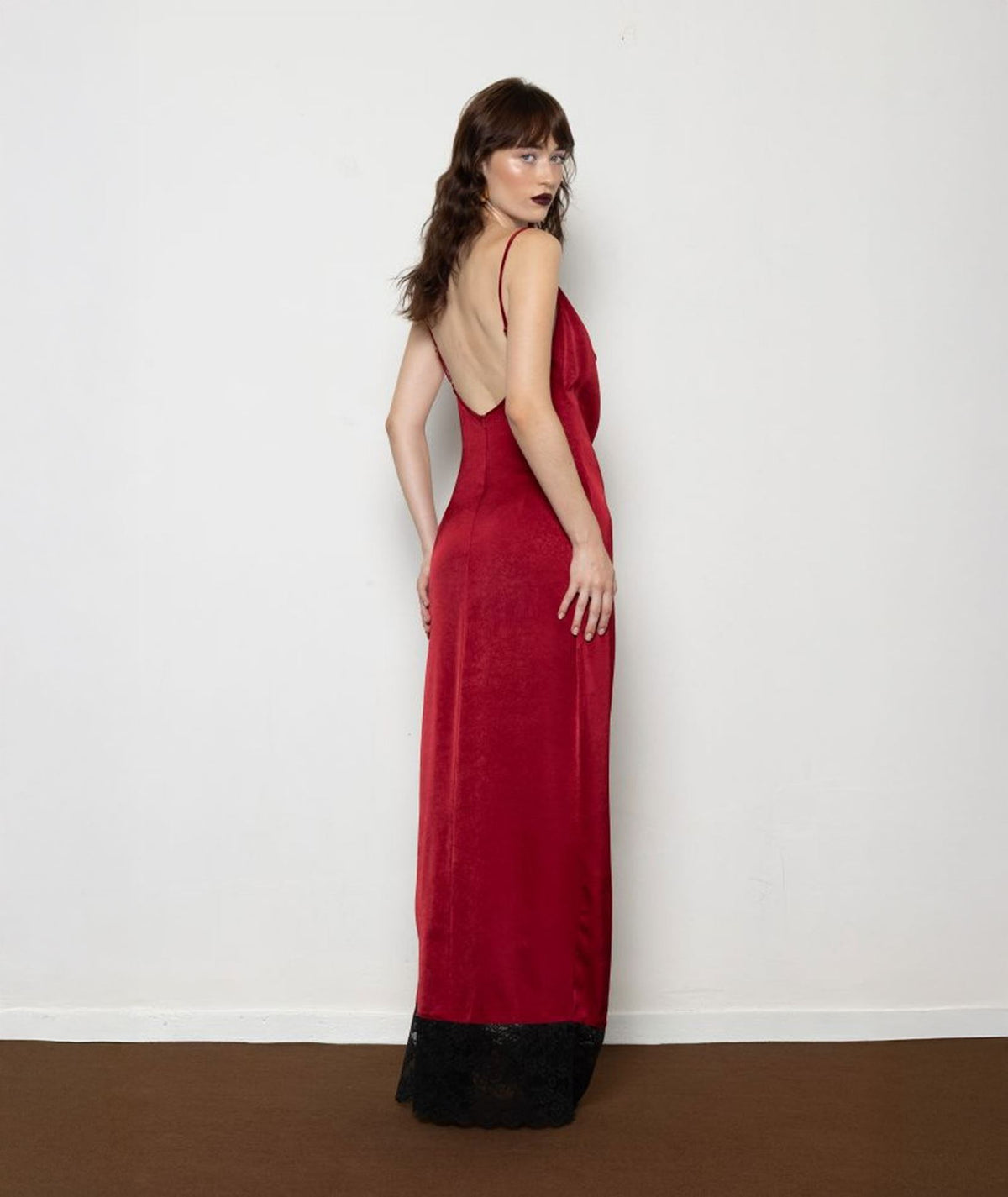 Mallory The Label | Bordeaux satin lace detail Ruby maxi slip dress