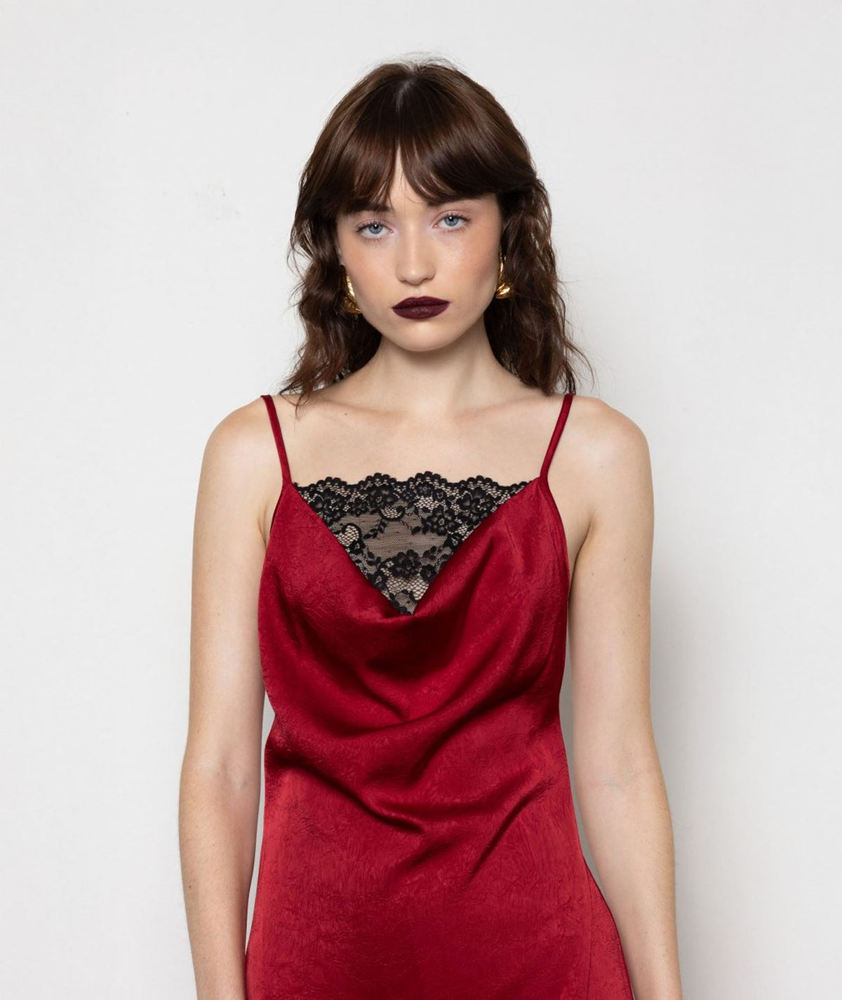 Mallory The Label | Bordeaux satin lace detail Ruby maxi slip dress
