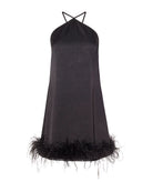 Mallory The Label | Black satin feather trimmed Kiss Me Later mini dress
