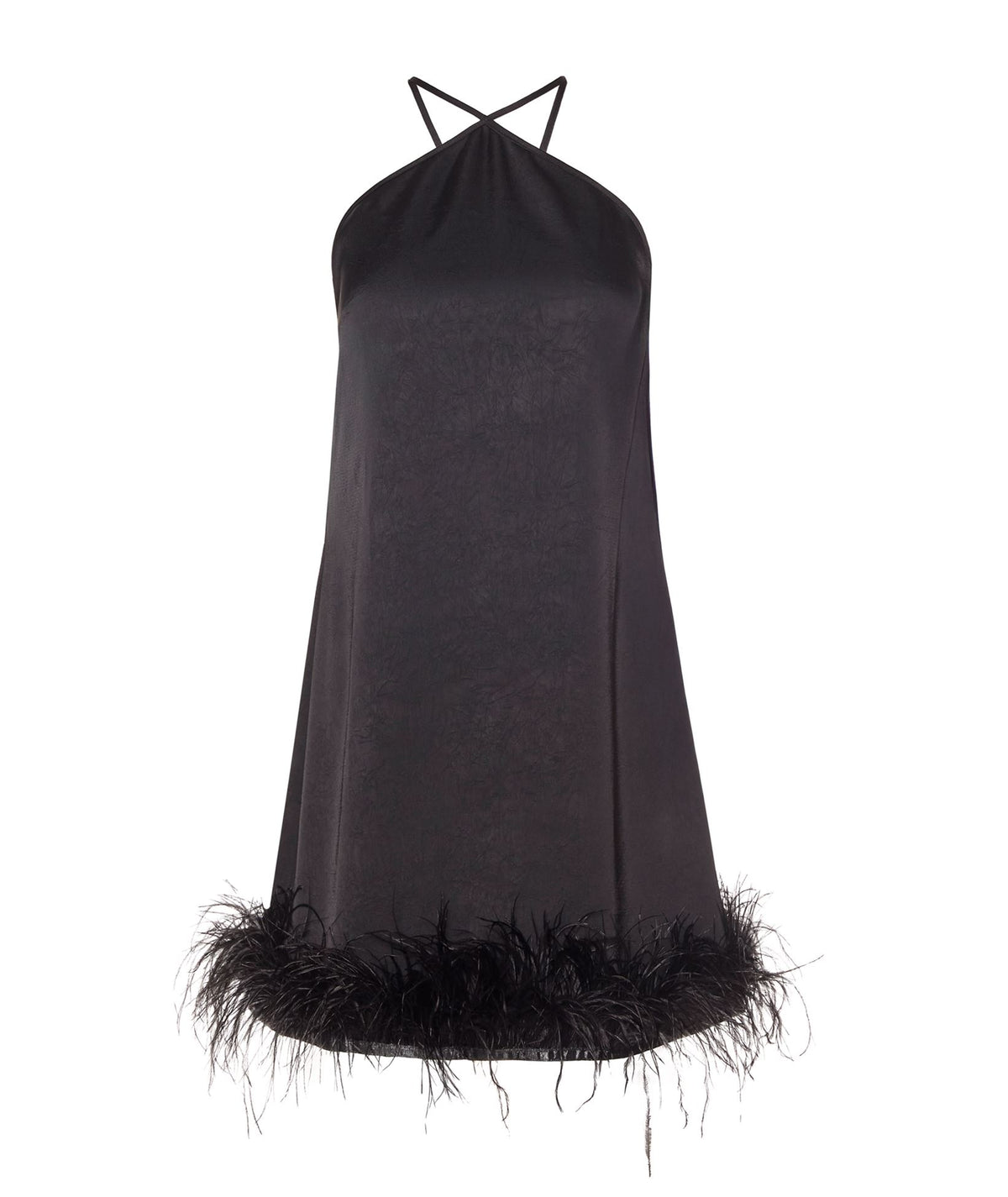 Mallory The Label | Black satin feather trimmed Kiss Me Later mini dress