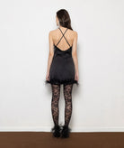 Mallory The Label | Black satin feather trimmed Kiss Me Later mini dress