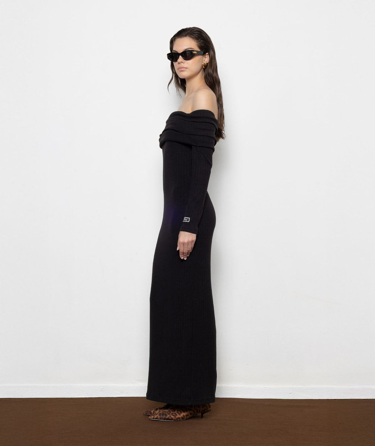 Mallory The Label | Black knitted off shoulder Nyra maxi dress
