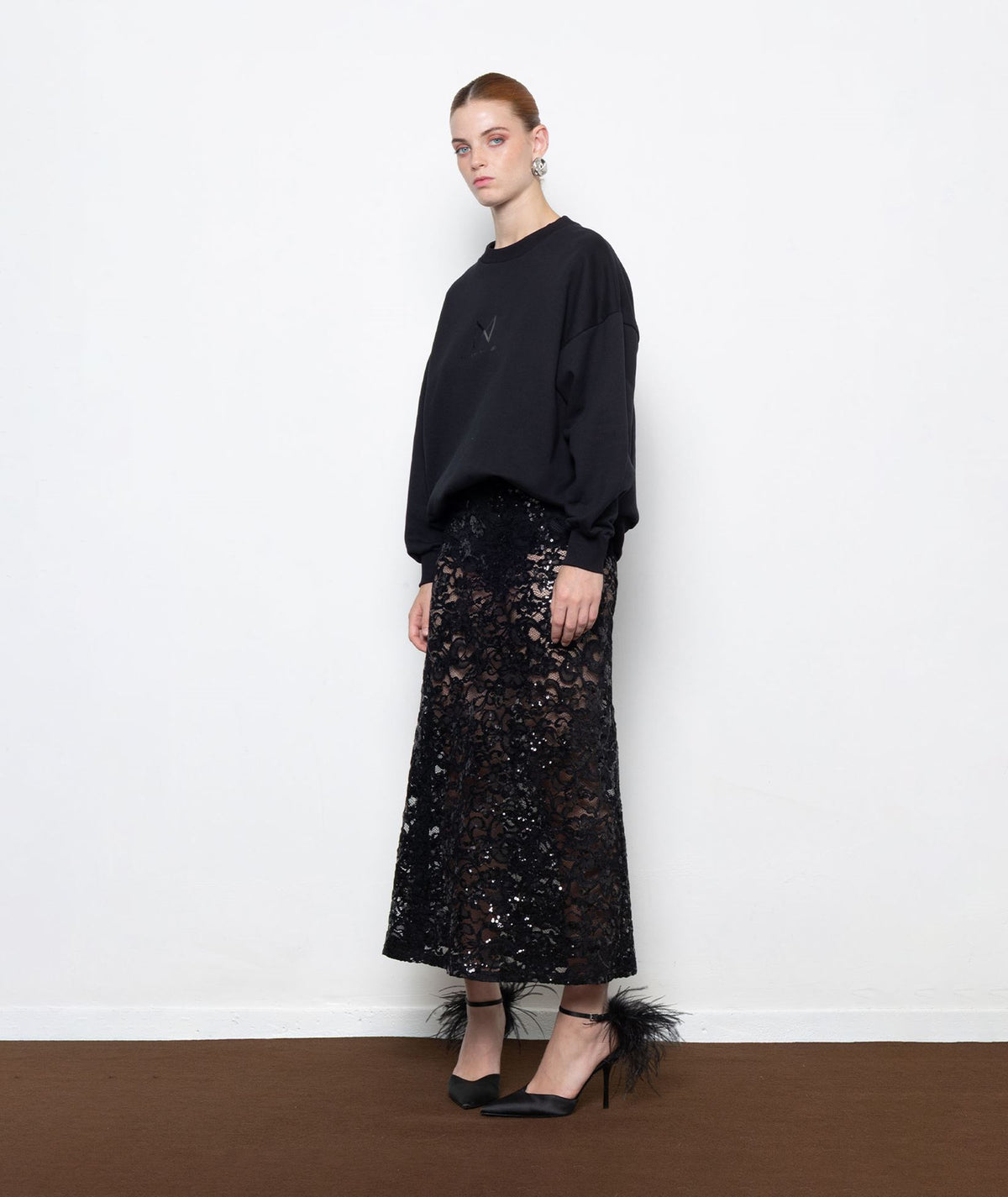Mallory The Label | Black lace sequined Nora midi skirt