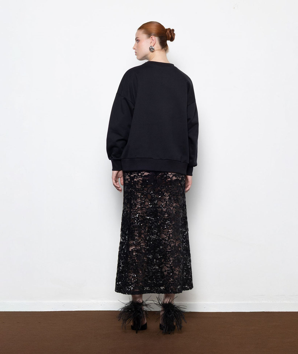 Mallory The Label | Black lace sequined Nora midi skirt