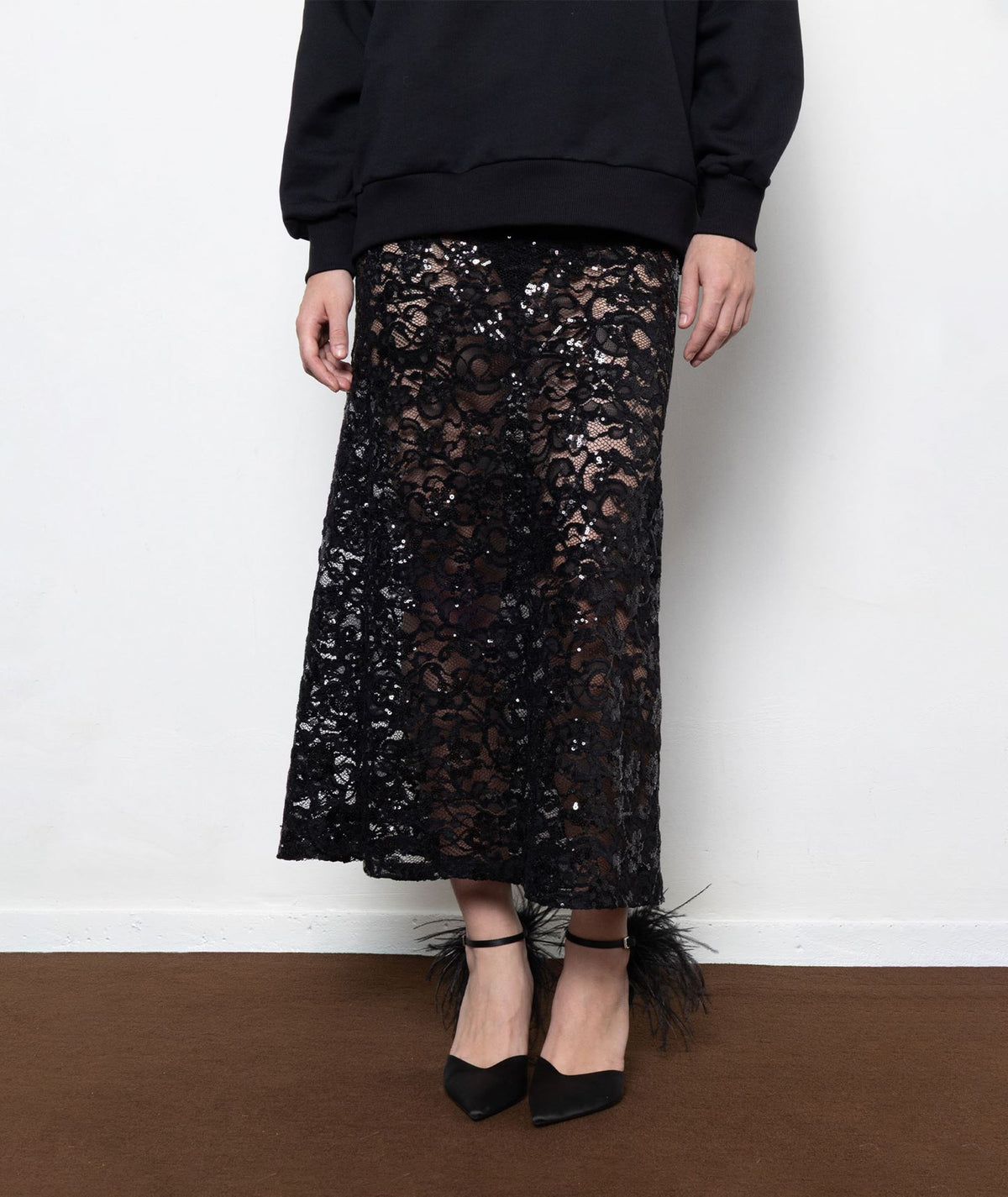 Mallory The Label | Black lace sequined Nora midi skirt