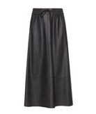 Milla | Black faux leather elastic waist midi skirt