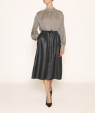 Milla | Black faux leather elastic waist midi skirt