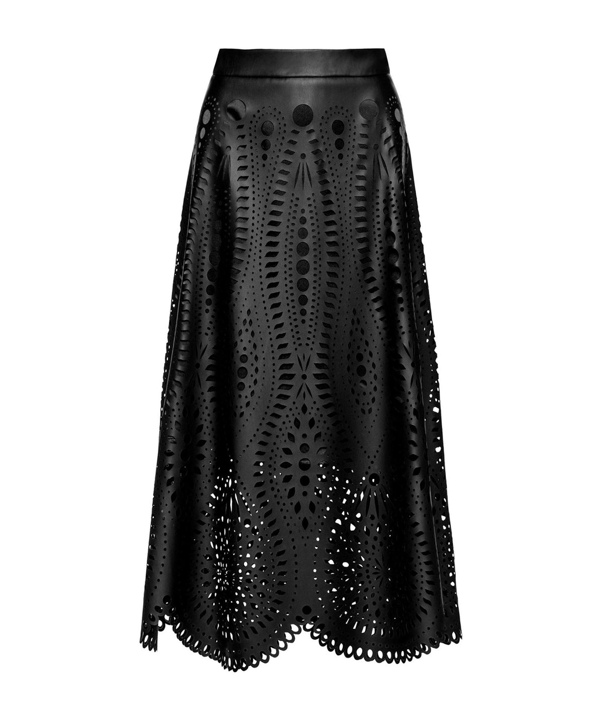 Cutcuutur | Black faux leather laser cut A-line midi skirt
