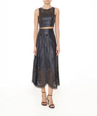 Cutcuutur | Black faux leather laser cut A-line midi skirt