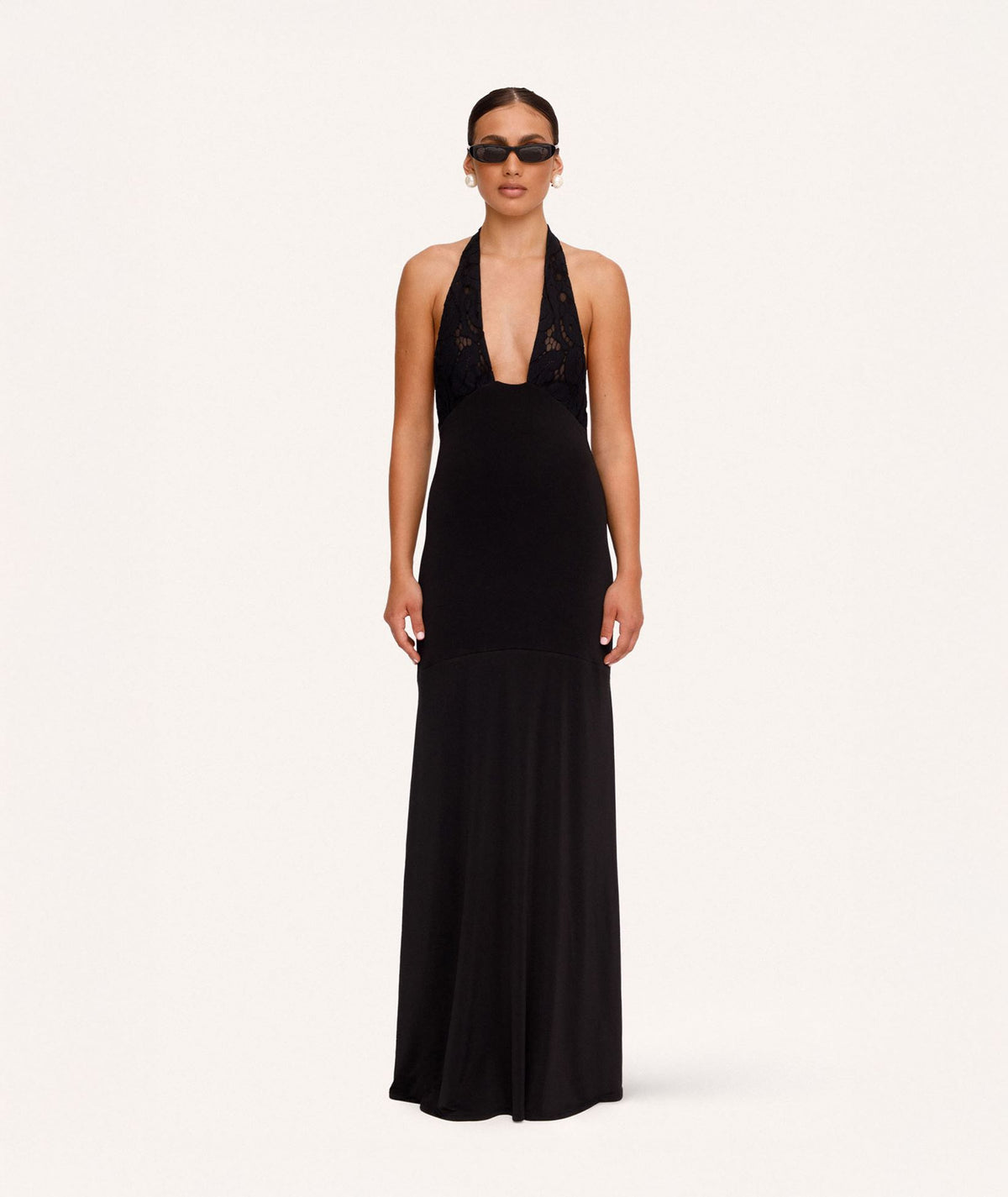 Imaya | Black jersey embroidered halter Naomi maxi dress