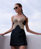 Costarellos | Black gold silk-blend mikado Tala mini dress