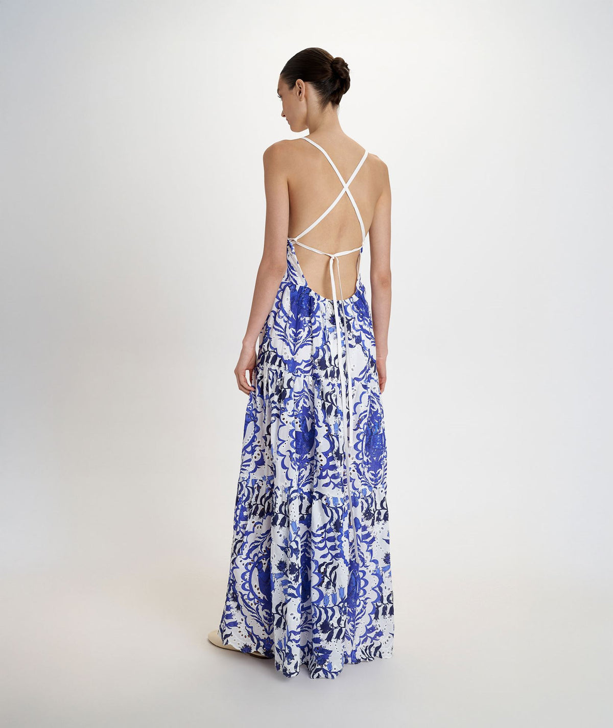 Pearl & Caviar | Blue white printed broderie cotton Portaria maxi dress
