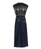 Greek Archaic Kori | Navy blue gold embroidered Grape midi shirt dress