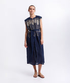 Greek Archaic Kori | Navy blue gold embroidered Grape midi shirt dress
