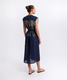 Greek Archaic Kori | Navy blue gold embroidered Grape midi shirt dress