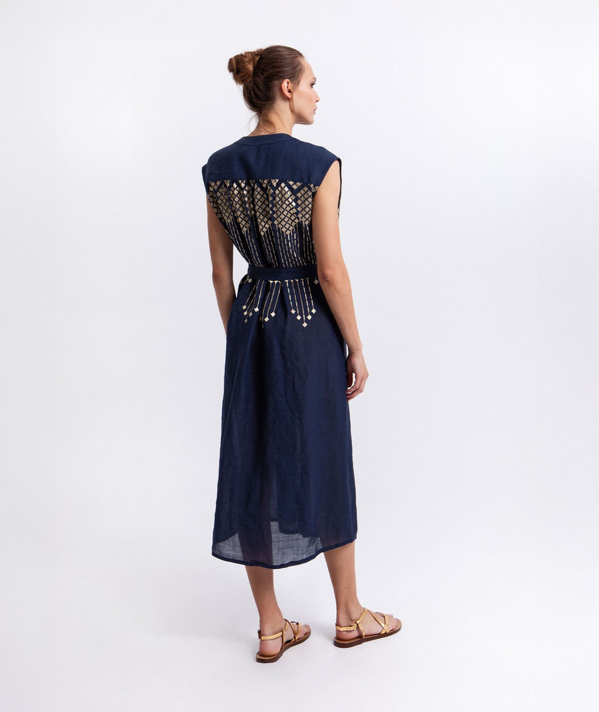 Greek Archaic Kori | Navy blue gold embroidered Grape midi shirt dress